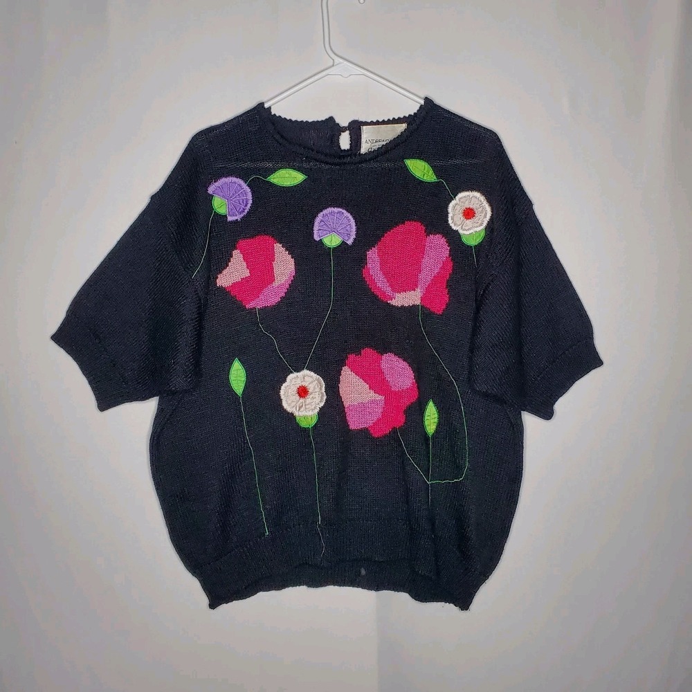 Andrea Gayle Vtg 80s Applique Floral Short Sleeve Sweater 2X Cottage Grandma